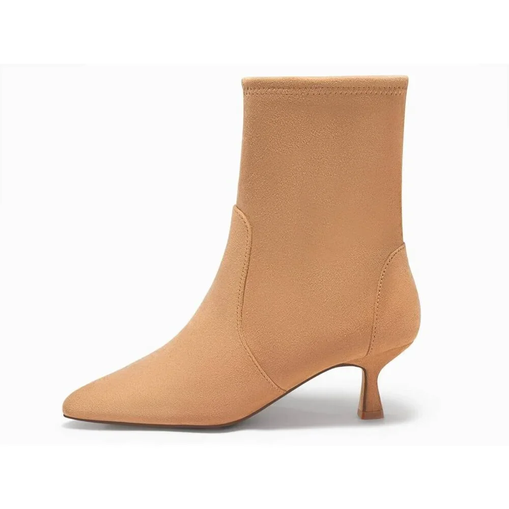 Women's Khaki Low Kitten Heel Ankle Shoes Pointed Toe Side Zipper Fall Boots